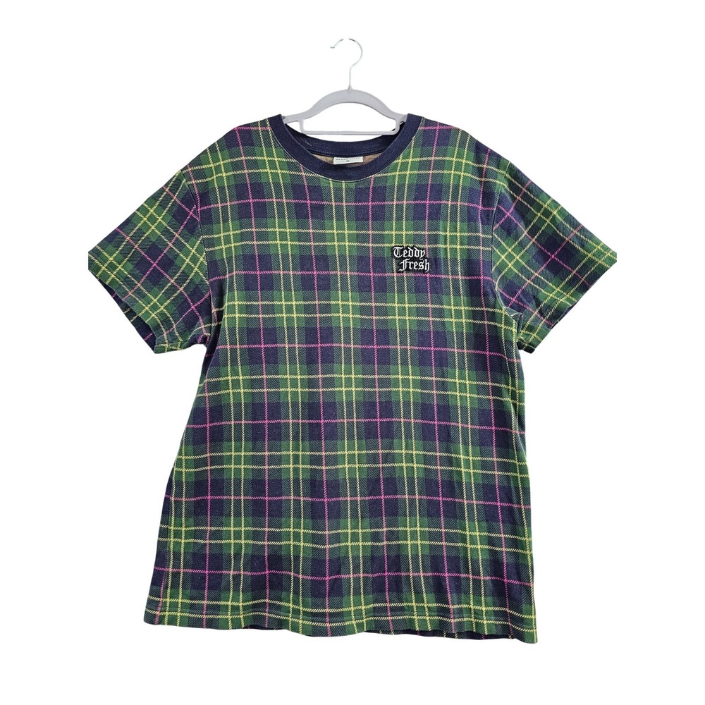 Teddy Fresh Plaid T-Shirt Mens XL Green Pink Embroidered Patch Cotton Preppy Tee